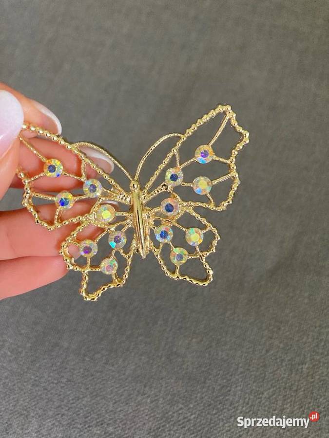 Piękna metalowa złota duża broszka motyl vintage Nisko