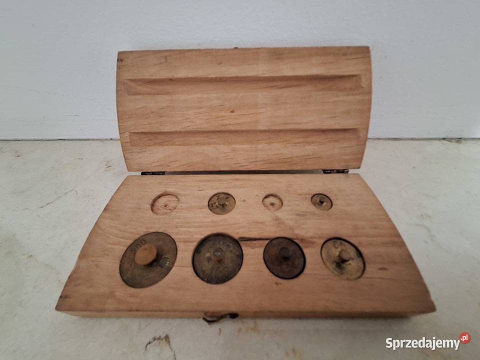 Zestaw odważników w drewnianym etui Vintage pomorskie Gdańsk