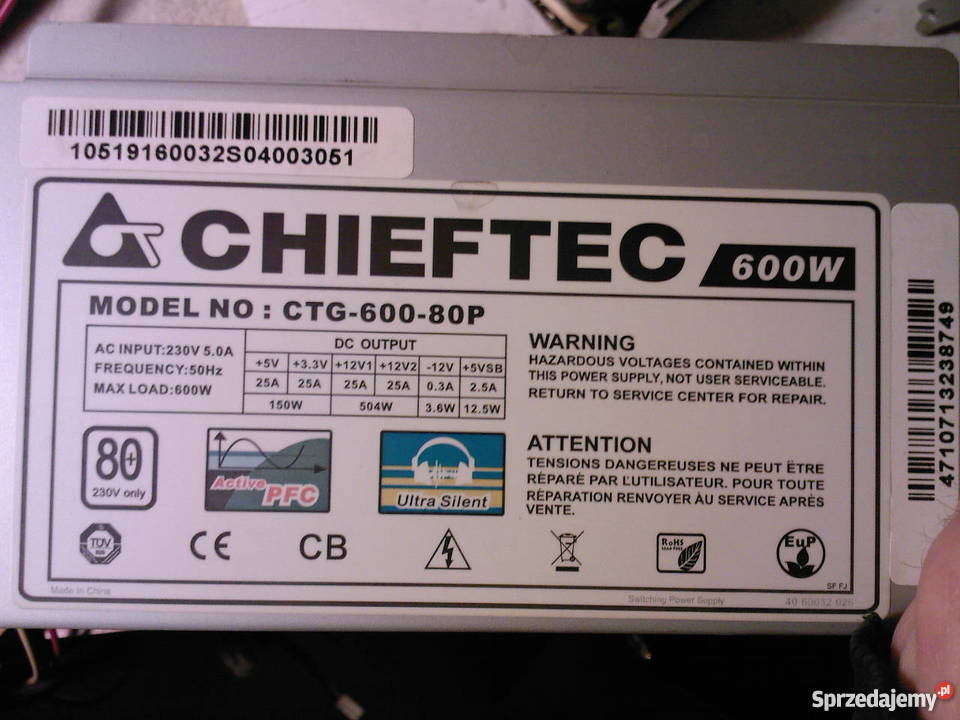 Zasilacz komputerowy Chieftec 600 W CTG60080P do Knurów