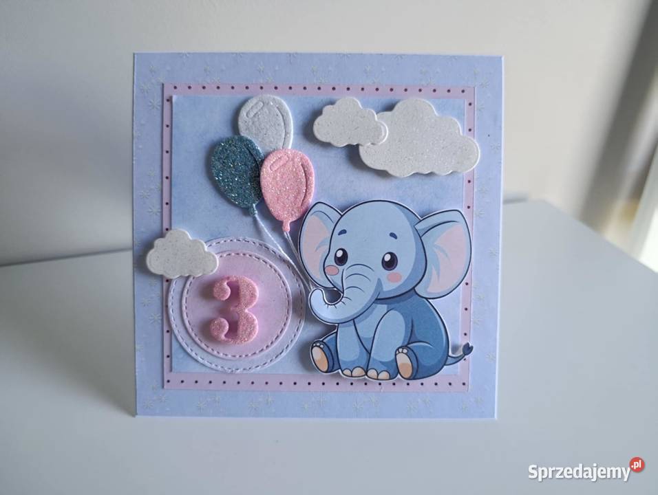 Kartka na urodziny słonik z balonami handmade Łódź