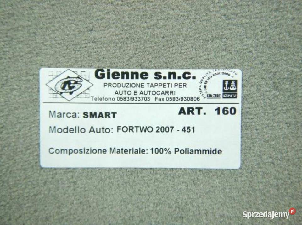 DYWANIKI WELUROWE SMART FORTWO 451 2007