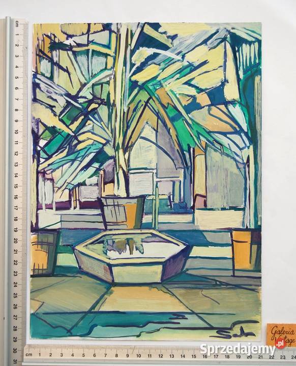 Palmiarnia fontanna obraz gwasz Saba wielokolorowy