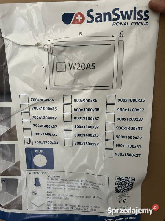 SanSwiss Brodzik Prysznicowy 750x1700x38 Brodziki