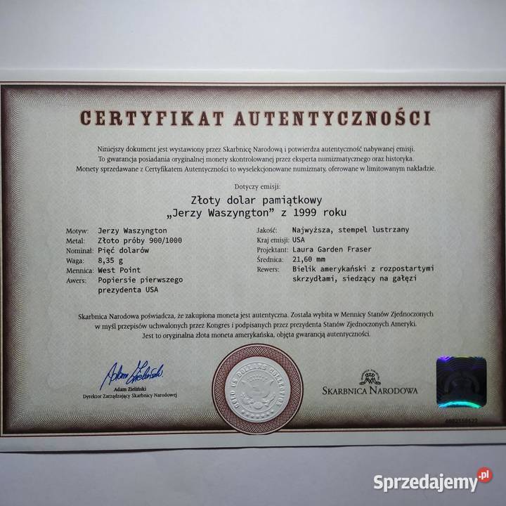 Złote 5 Dolarów Pamiątkowe JERZY WASZYNGTON z Piła
