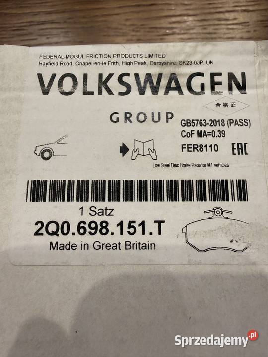 Klocki hamulcowe OE 2Q0698151T sprzedam
