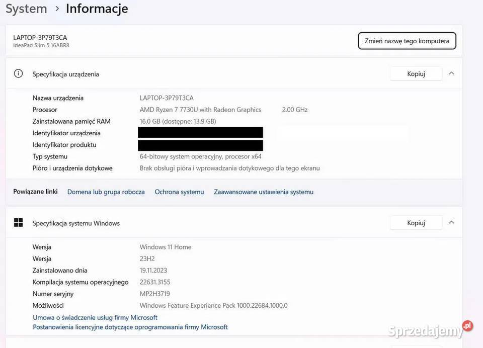 LENOVO IdeaPad Slim 5 16ABR8 AMD Ryzen 7 7730U Obsługa standardu 802.11n Chełm Śląski sprzedam