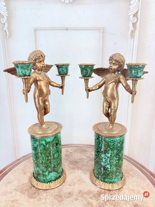 2 Zielone Świeczniki Porcelana Brąz Amory Anioły Kraków