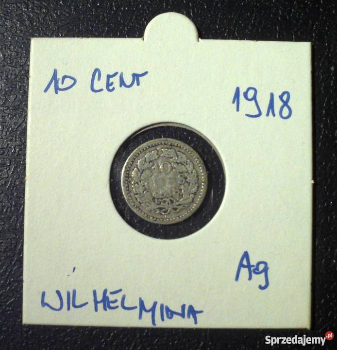 HOLANDIA 10 centów Wilhelmina 1918 SREBRO Numizmatyka Kraków