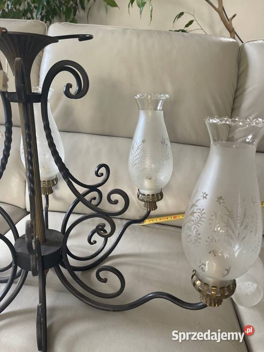 Antyk żyrandol lampa mosiądz szkło grawerowane dolnośląskie Bystrzyca Kłodzka