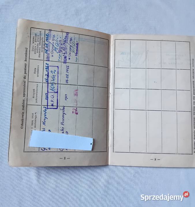 Legitymacja ubezpieczeniowa członków rodziny Antykwariat Koźminek