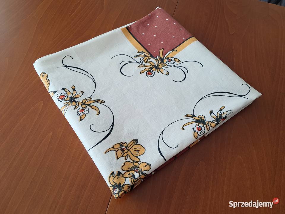 Obrus lniany biały w brązowe kwiaty 150 x 142 do Kraków