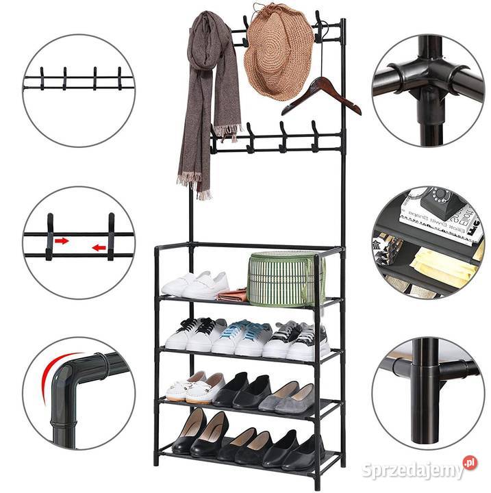Stojący wieszak na ubrania z półkami czarny