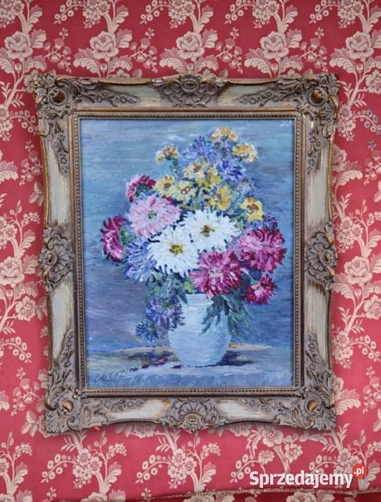 Obraz olejny kwiaty w wazonieżywe kolory Antyki, Sztuka, Kolekcje