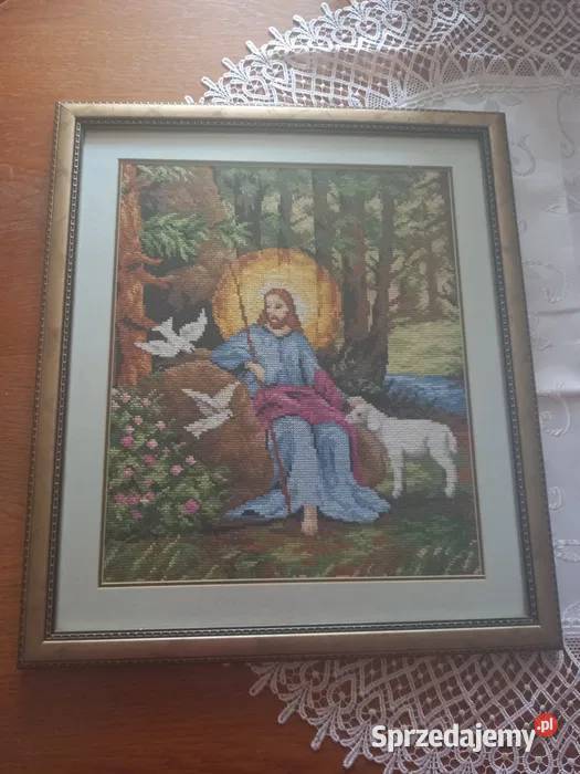 Obraz - haft krzyżykowy z ramką Jezus z barankiem