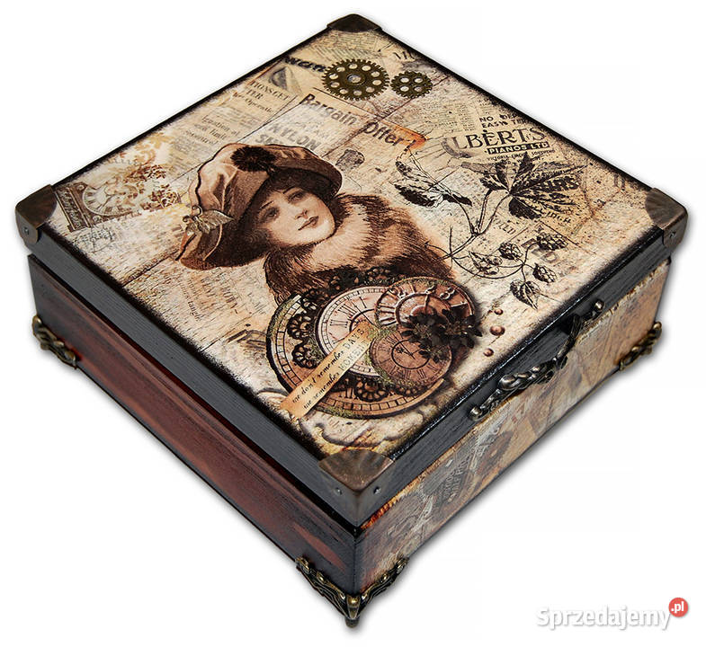 Drewniana SZKATUŁKA nóżki MADAME steampunk 16X16 wielokolorowy Bydgoszcz