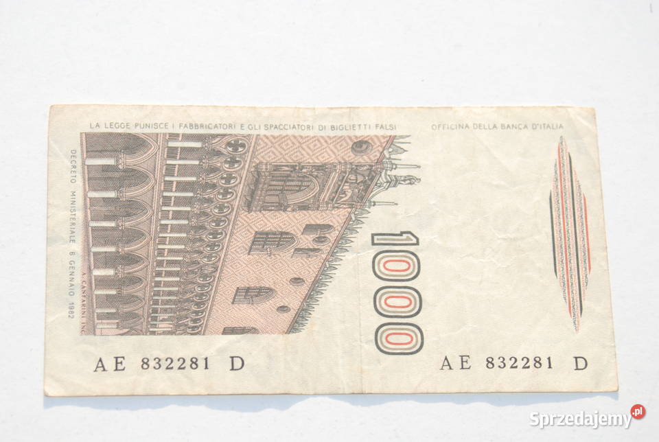 Stary banknot 1000 lire lirów Włochy 1982 antyk