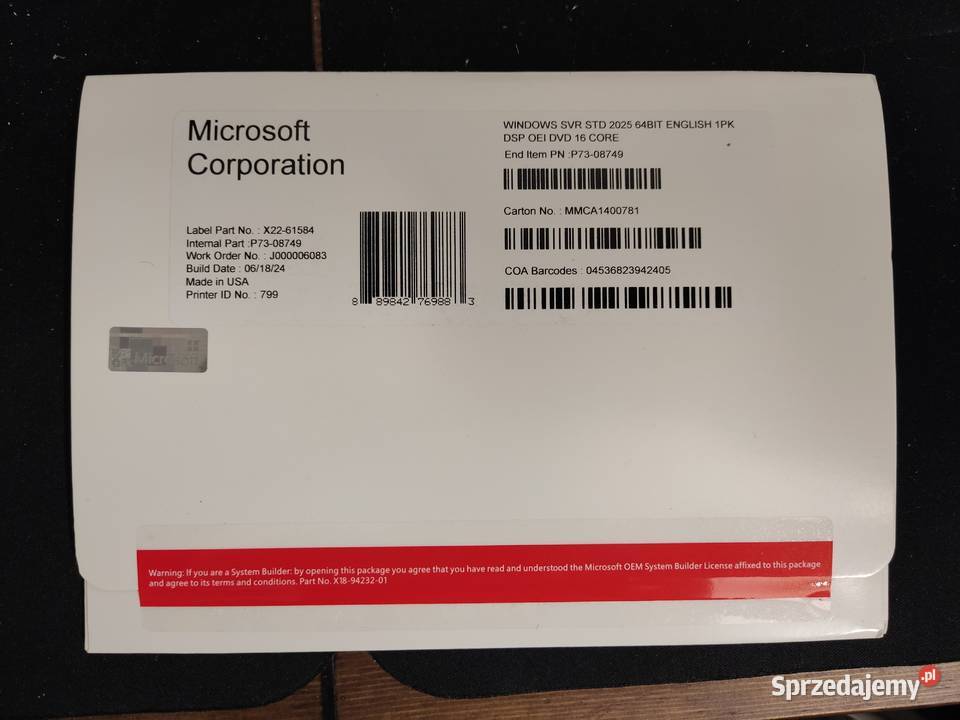 Windows Server Standard 2025 EN OEM nowy Windows Oprogramowanie Poznań sprzedam