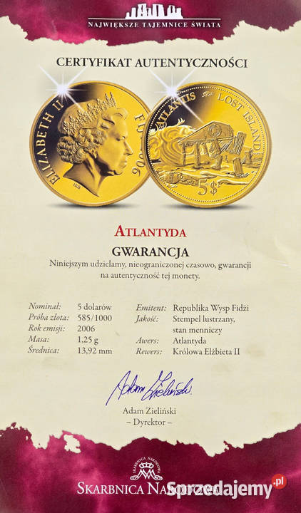 Fidżi 5 dolarów 2006 Atlantyda ZŁOTO K234 Warszawa