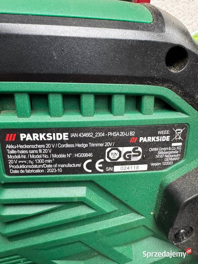 Akumulatorowe nożyce do żywopłotu PARKSIDE 20 V Dąbie