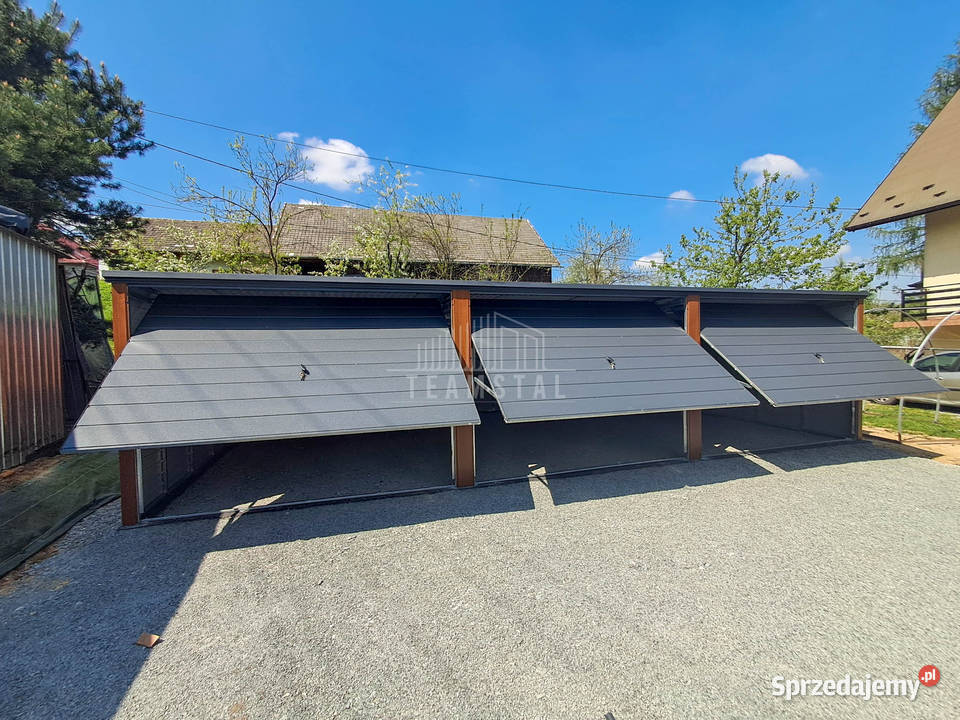 Garaż blaszany 9x5m 3x brama drewnopodobny dach