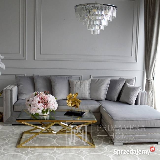 Sofa glamour narożna w stylu nowoczesnym nowojorskim szara