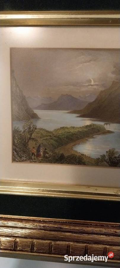 Obraz pejzażowy w bogatej złoconej ramie styl Ciechocinek