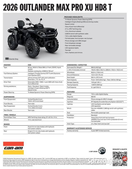 QUAD CanAm Outlander Pro XU HD8 Granite Grey T3b benzyna Nowy Sącz sprzedam