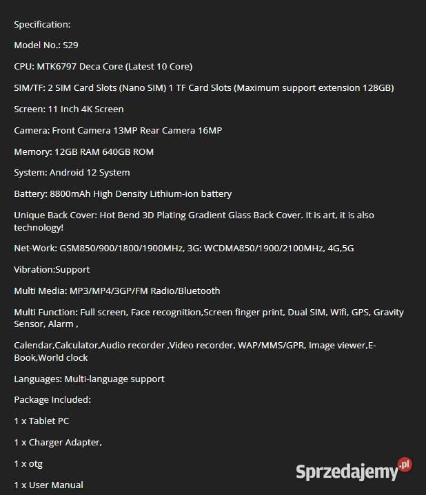 Tablet Galaxy 11 Android 12 12GB RAM 640GB ROM śląskie Czeladź sprzedam