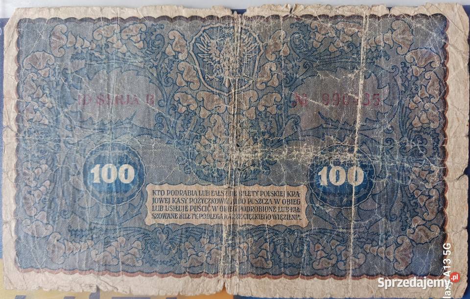 100 Marek Polskich 1919 r Warszawa ID Seria B Konin sprzedam