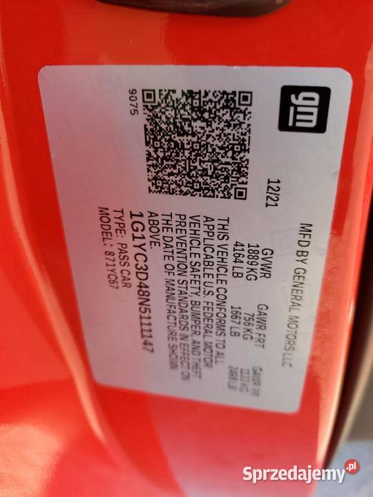 2021 CHEVROLET CORVETTE STINGRAY 3LT Samochody osobowe Częstochowa