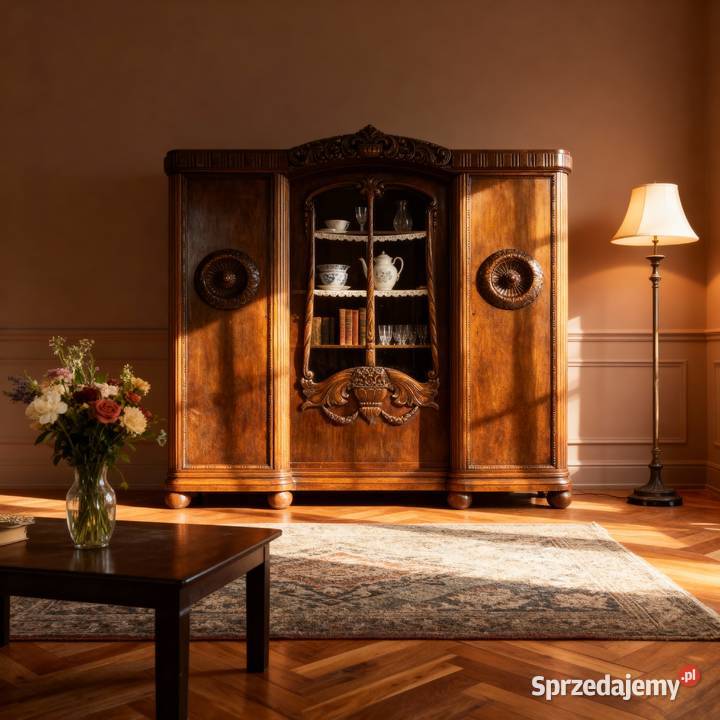 BIBLIOTECZKA drewniana Antyk zdobiona WITRYNA Kredensy i witryny Kredensy i witryny Kalisz