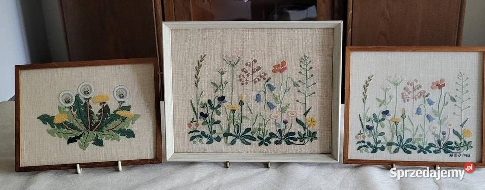 Urocze trzy obrazy haftowane ręcznie Polne Kraków