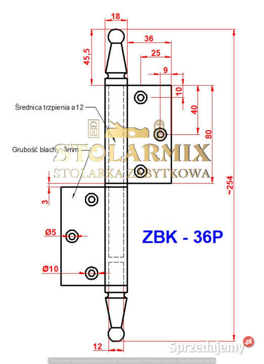 Zawias do starych drzwi bezprzylgowych ZBK 36P Paterek
