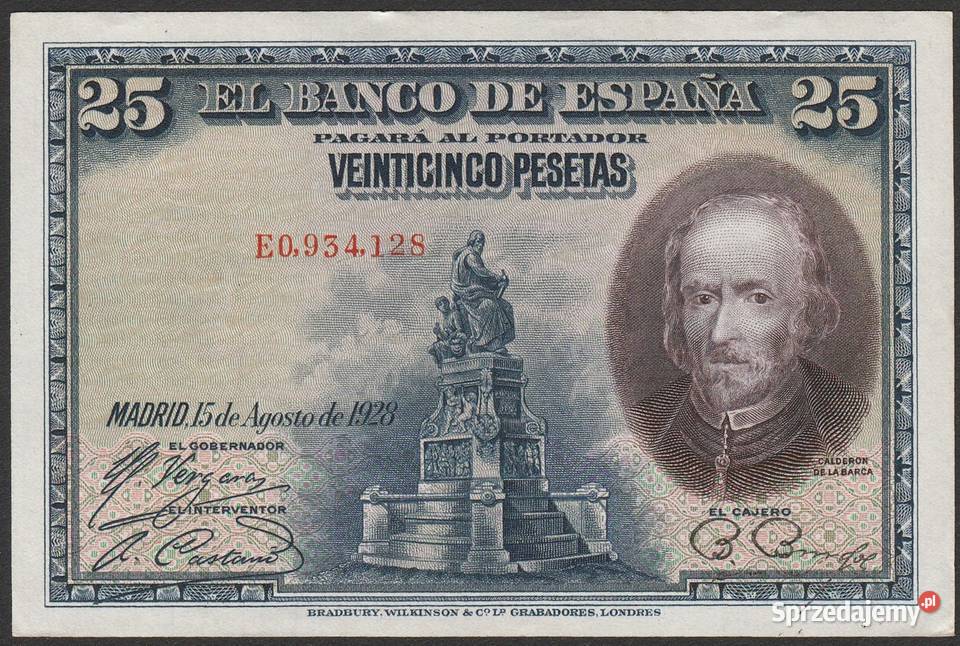 Hiszpania 25 peset 1928 DE LA BARCA STAN UNC