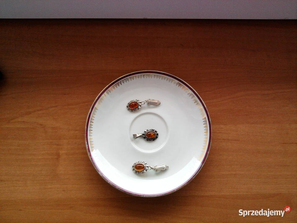 Srebrne klipsy z bursztynem i wisiorek antyk śląskie Sosnowiec