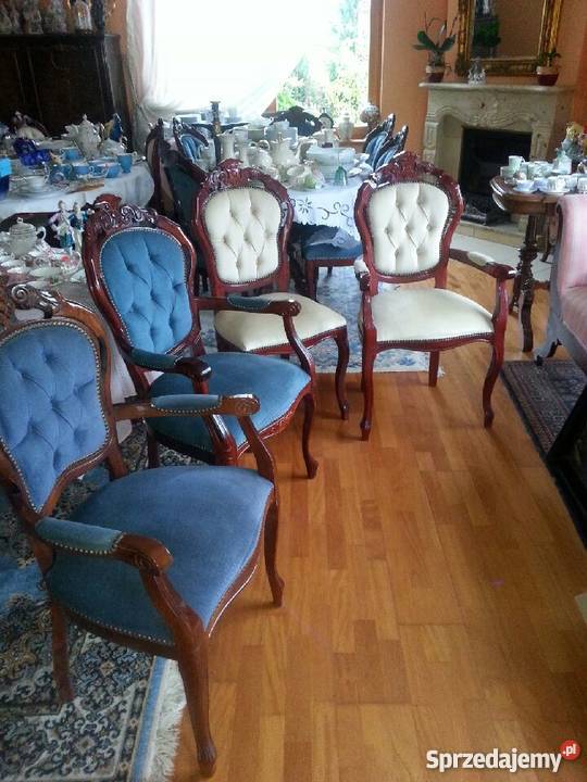 Stół z intarsją z 4 krzesłami i 2 fotelami Meble Gdańsk