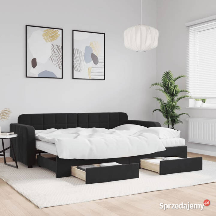 Sofa rozsuwana z szufladami czarna aksamit Łóżka Warszawa