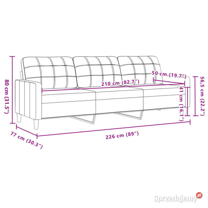 Sofa 3osobowa jasnoszary 210 obita aksamitem