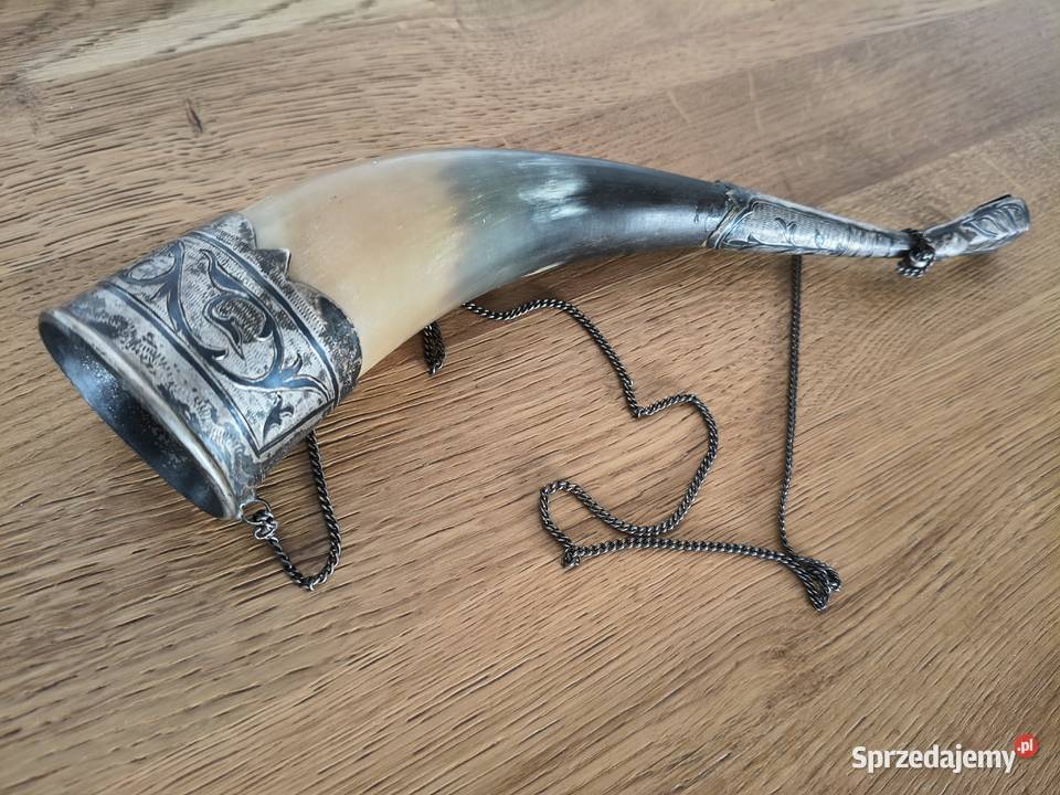 Róg obfitości bawoli niello okuty w srebro Ag