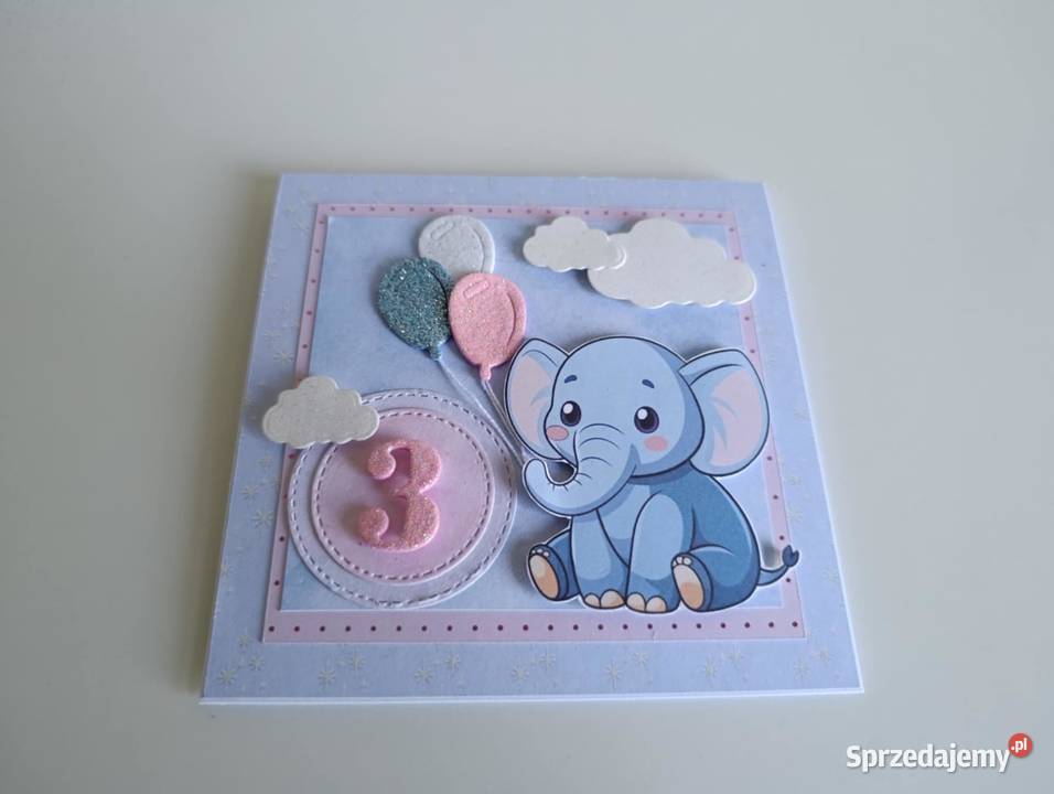 Kartka na urodziny słonik z balonami handmade Rękodzieło łódzkie Łódź sprzedam