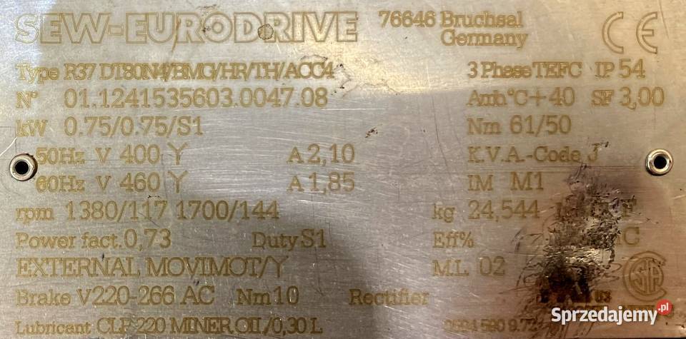 motoreduktor przekładnia 075kW 117obr HAMULEC kujawsko-pomorskie Pigża sprzedam