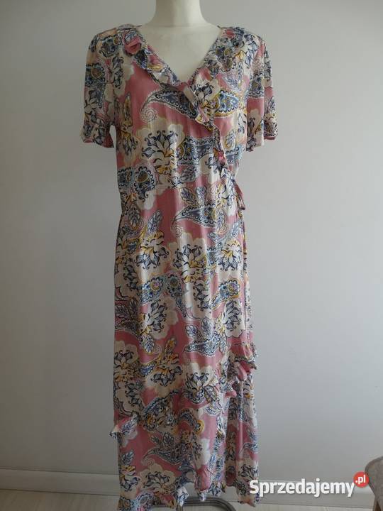 Sukienka Długa Różowa Pastelowy Nadruk Paisley Rozmiar 42(XL) Łomża