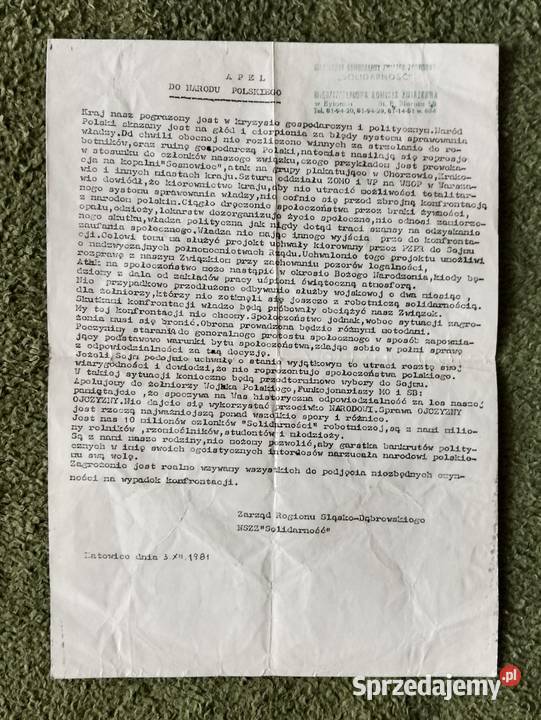Apel do Narodu Polskiego z 3 grudnia 1981 Antykwariat Katowice sprzedam