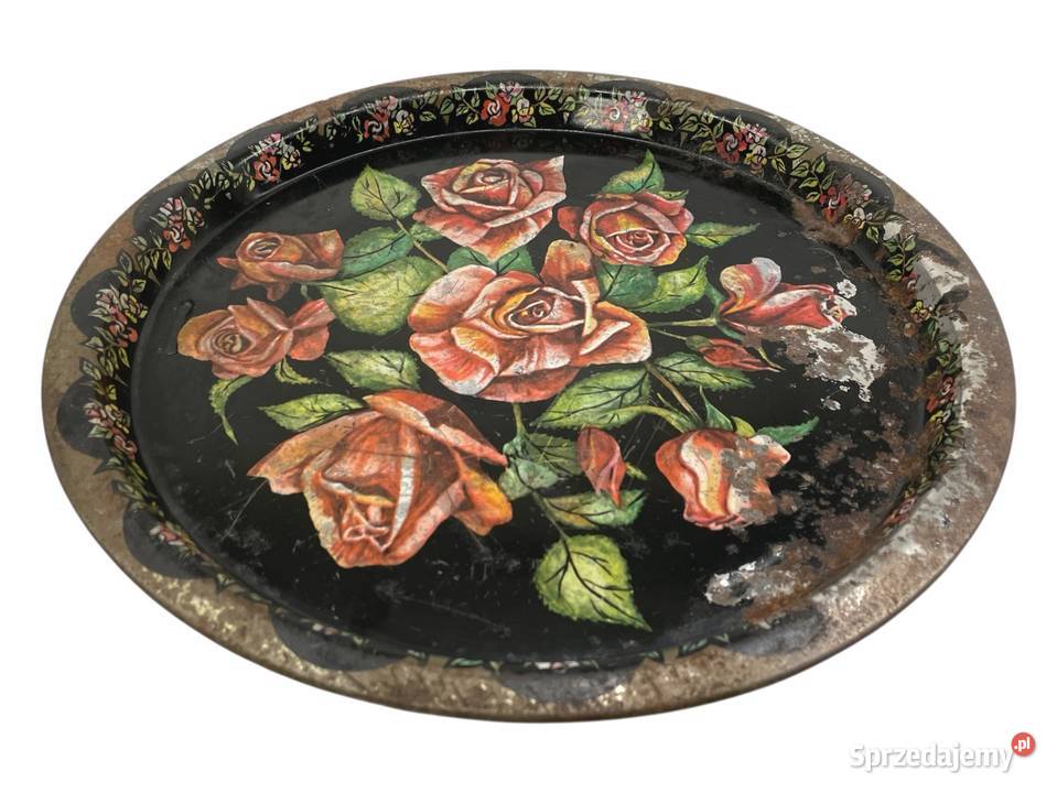Taca litografowana metalowa czarna róże PRL Kraków sprzedam