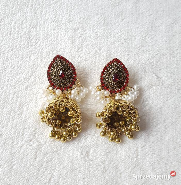 Duże kolczyki jhumki jhumka złoty kolor czerwone Szczecin