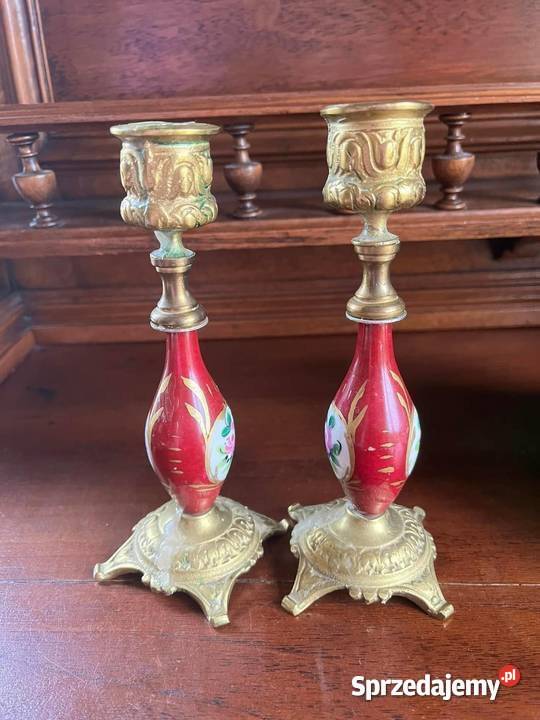 Świecznik porcelana i mosiądz Scenki dworskie pomorskie Gdańsk