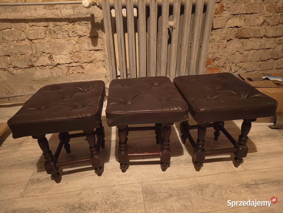 3 Taboret pufa krzesło z obiciem skórzanym PRL Będzin