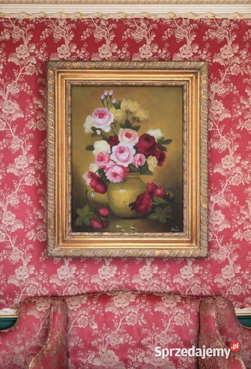 Stylowy Obraz Olej Płótno Kwiaty Bukiet Złota Malarstwo łódzkie Pabianice