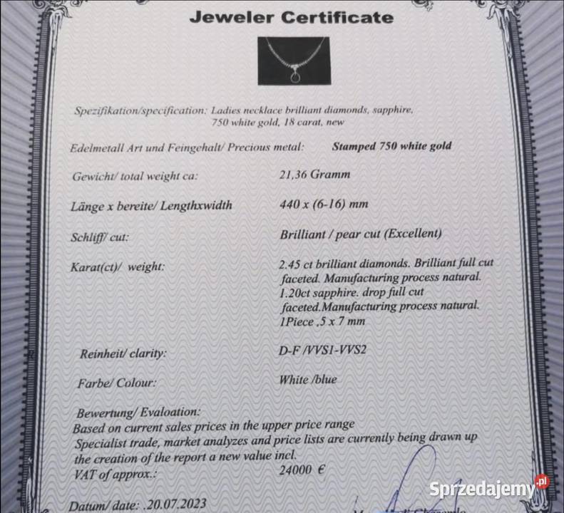 Naszyjnik kolia 365 ct naturalny szafir diamenty złote Zawiercie