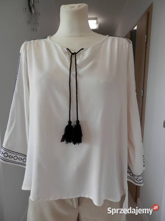 Bluzka w stylu Etno Boho Kremowa Zdobiona Łomża